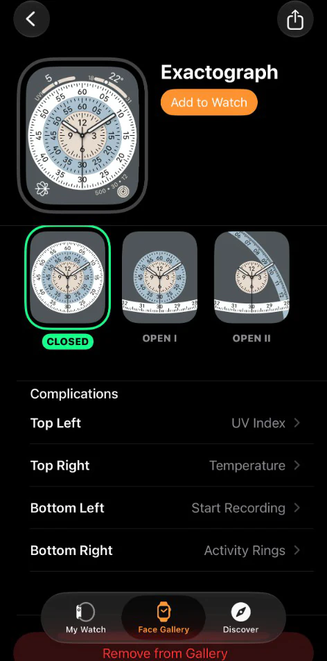 The Exactograph watch face on its Closed dial in the iPhone Watch app, with four complication slots that can be edited