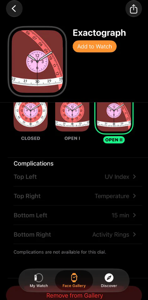 The same Exactograph watch face on its Open II dial, with the four complication slots greyed out under the line Complications are not available for this dial