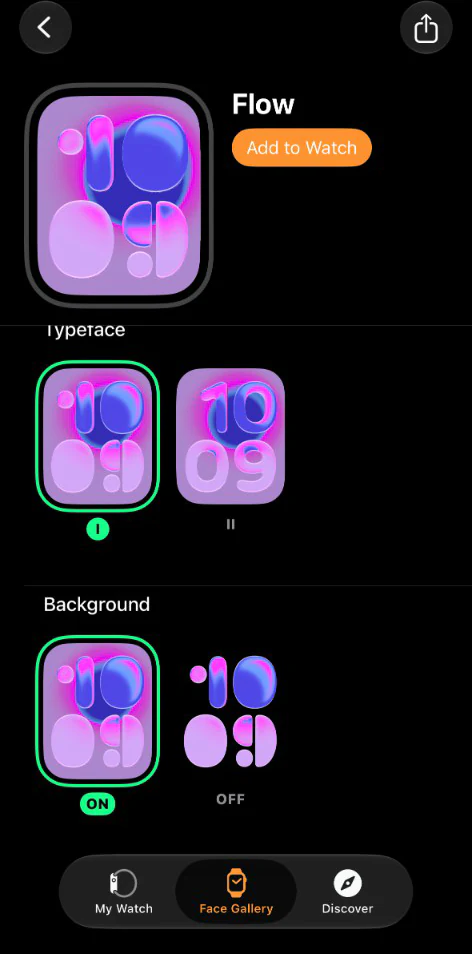 The settings for the Flow watch face in the iPhone Watch app, offering only Typeface and Background options with no Complications section