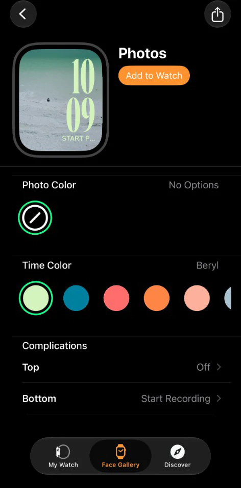The Photos watch face settings in the iPhone Watch app with two complication slots, the bottom one set to Start Recording