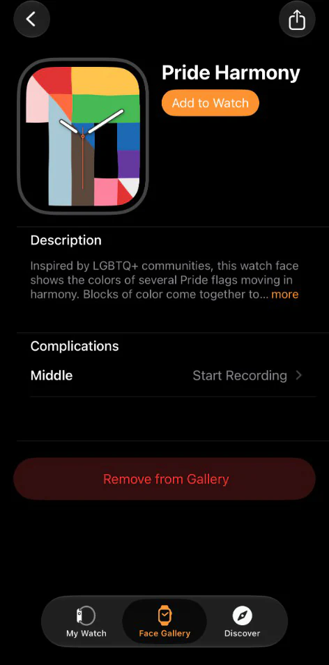 The Pride Harmony watch face settings in the iPhone Watch app, offering a single complication slot labelled Middle