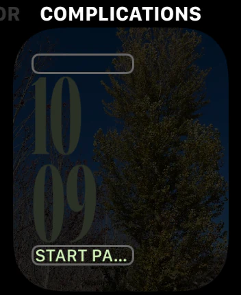 The Complications page of the Apple Watch face editor, showing one empty slot at the top and a filled text slot at the bottom