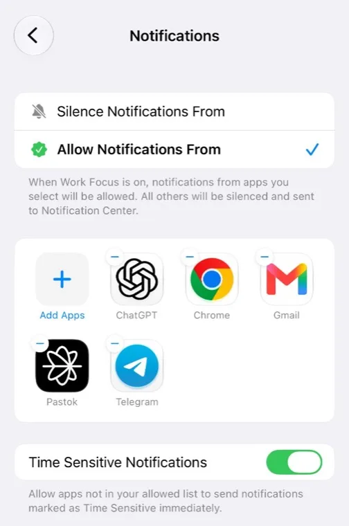 The Apps screen for a Focus with Allow Notifications From selected, Pastok among the allowed apps, and the Time Sensitive Notifications switch at the bottom