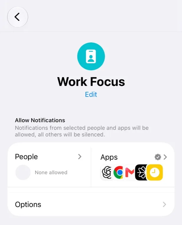 iPhone Work Focus settings screen, showing Allow Notifications with a People column set to None allowed and an Apps column listing allowed app icons