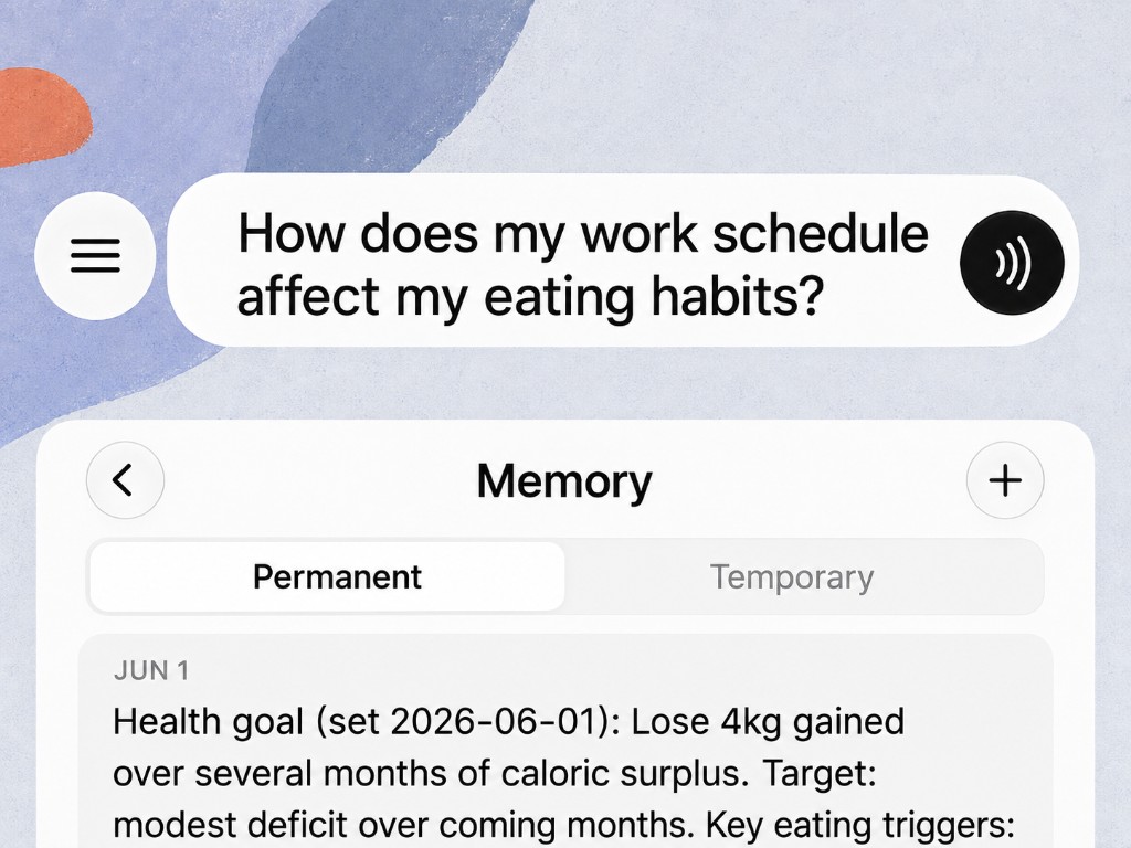 A typed question, 'How does my work schedule affect my eating habits?', above the Memory view it draws on, where a health goal dated 2026-06-01 is already stored.